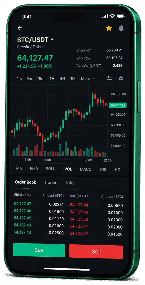 Zelvatrix Norqen mobile trading platform — live BTC/USDT chart, order book and buy/sell interface
